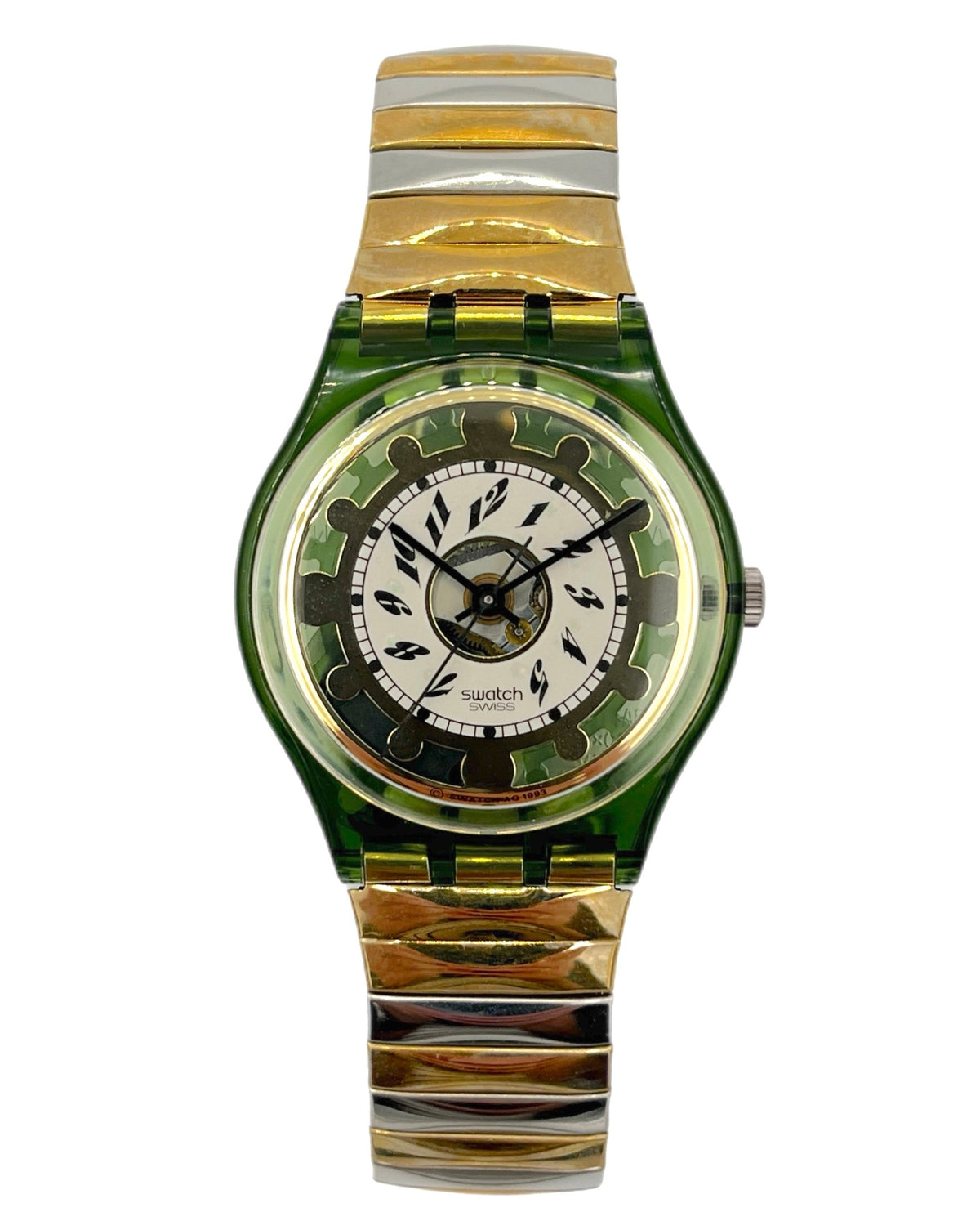 A Swatch wristwatch featuring a translucent green case and a two-tone green, gold, and silver striped metal link bracelet, with a white dial.