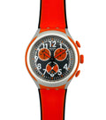 Swatch watch with orange strap and black dial on a white background