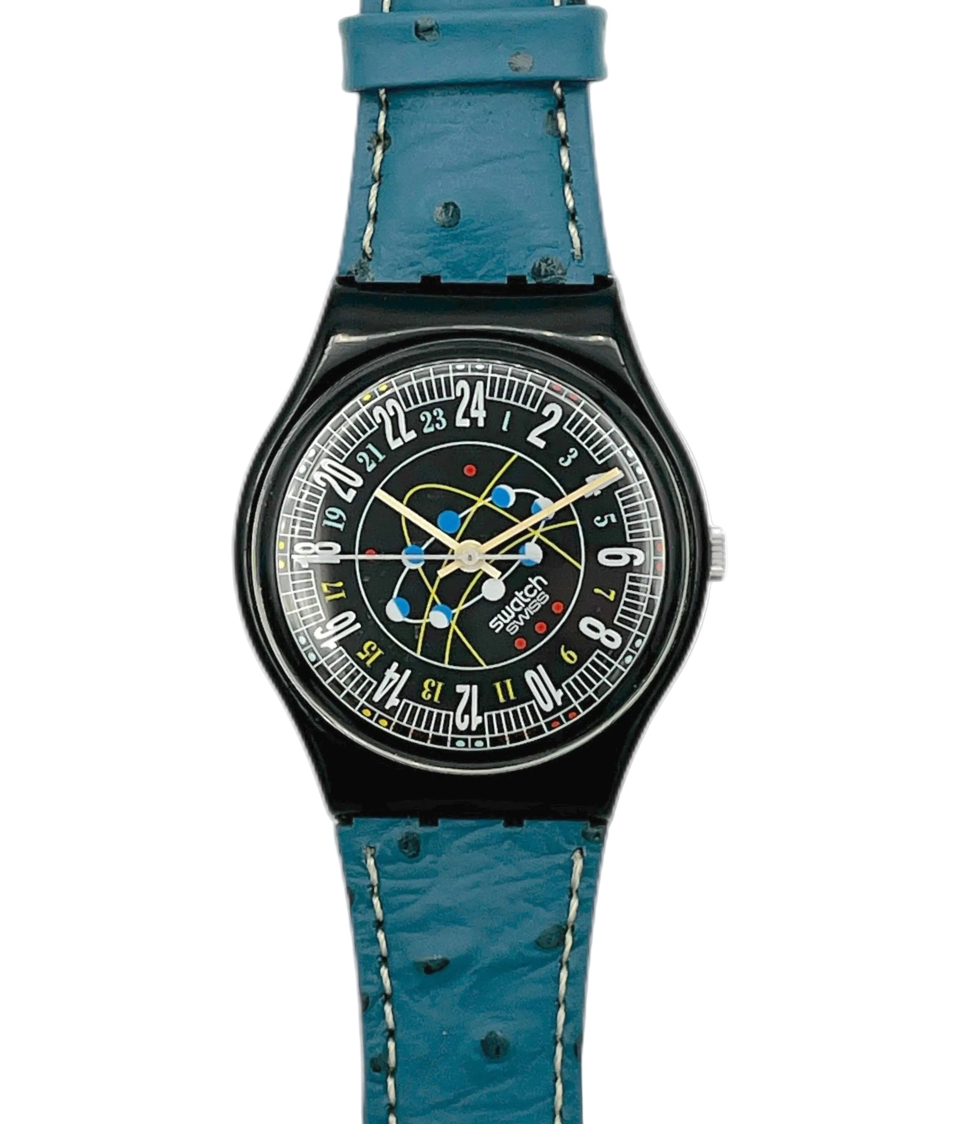Watch with blue strap and black dial on a white background