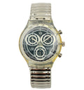 Silver wristwatch with a black face on a white background