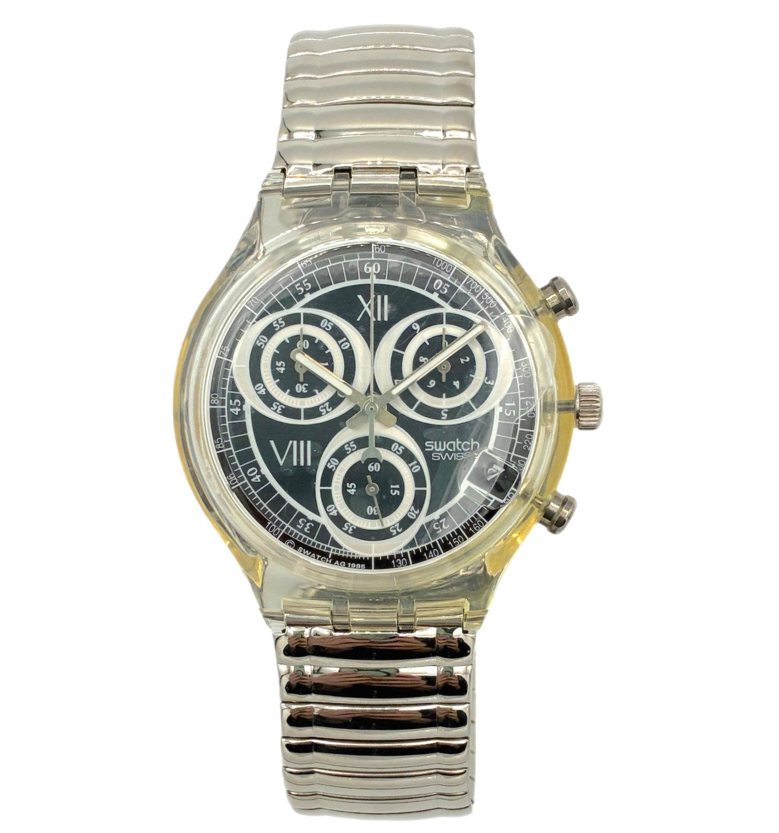 Silver wristwatch with a black face on a white background