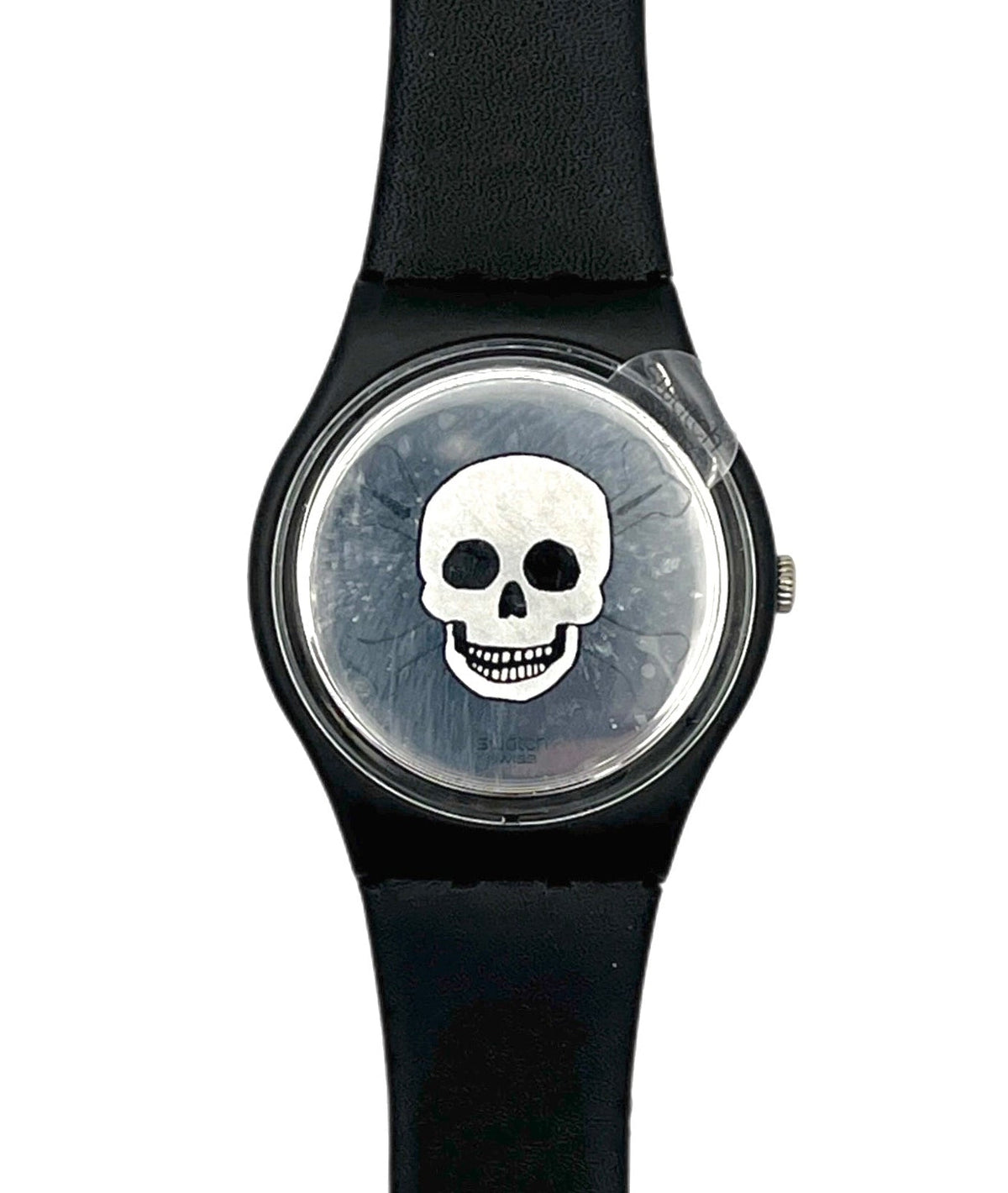 Black watch with a skull design on a white background