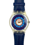 Swatch watch with blue strap and unique face design on a white background