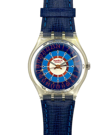 Swatch watch with blue strap and unique face design on a white background