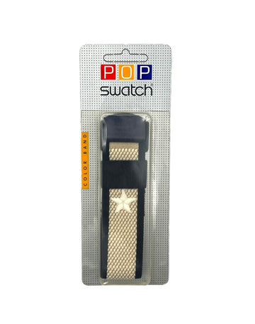 A Swatch POP color swatch card displaying a gold-tone metal mesh watch band with a black plastic buckle, set against a clean white background.