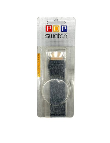 A dark gray textured fabric watch band in its original retail blister packaging, featuring the 'POP swatch' brand logo at the top.