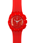 Orange neon watch with a white face on a white background