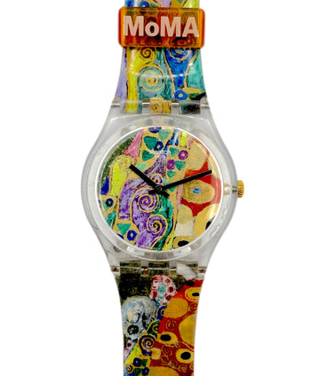 Watch with colorful design and MoMA logo on a white background