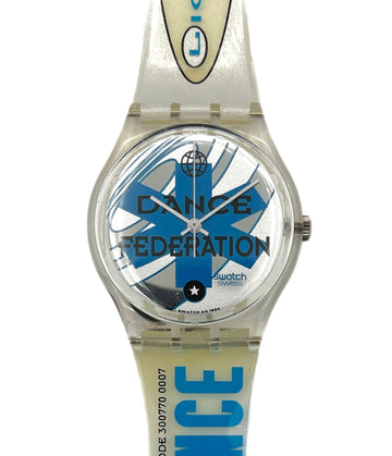 Swatch watch with blue and white design on a white background