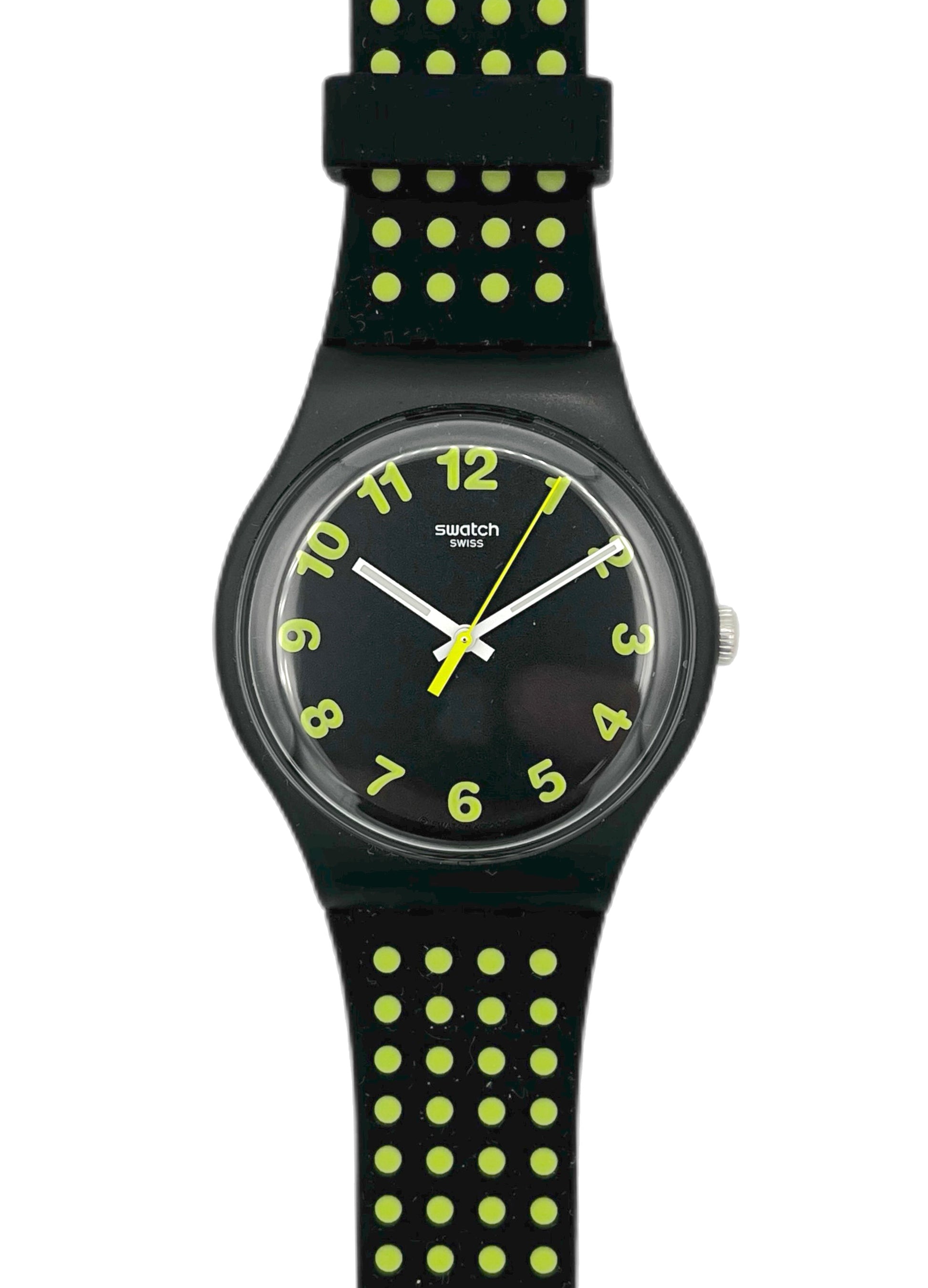 Swatch watch with black and yellow strap on a white background