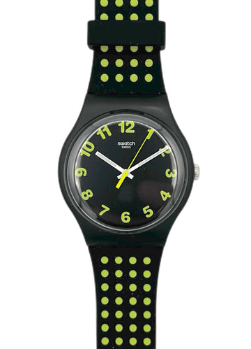 Swatch watch with black and yellow strap on a white background