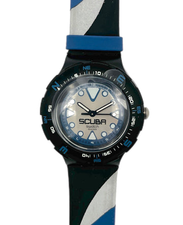 Wristwatch with a black, blue, and gray strap on a white background