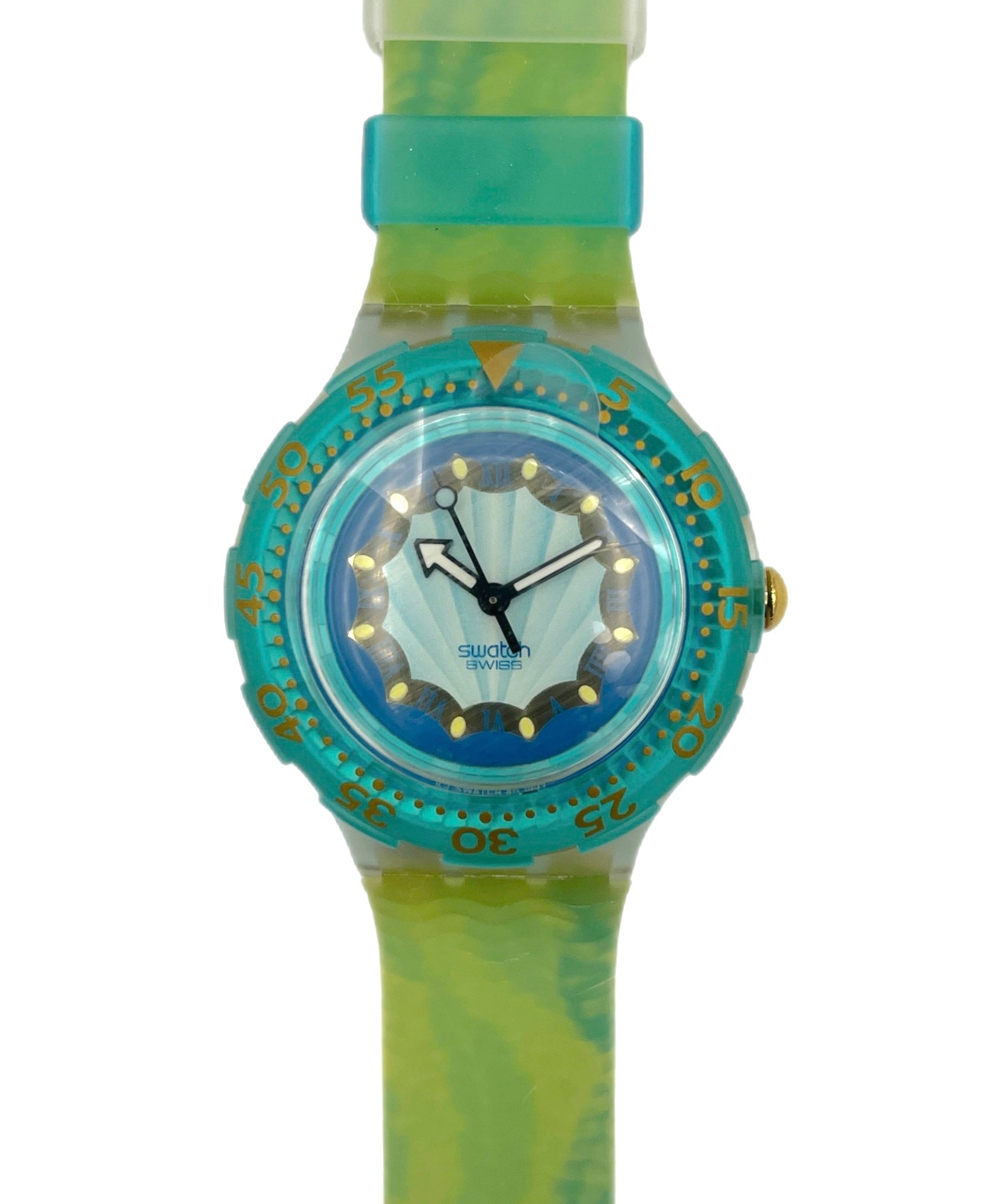 Colorful watch with a green strap on a white background