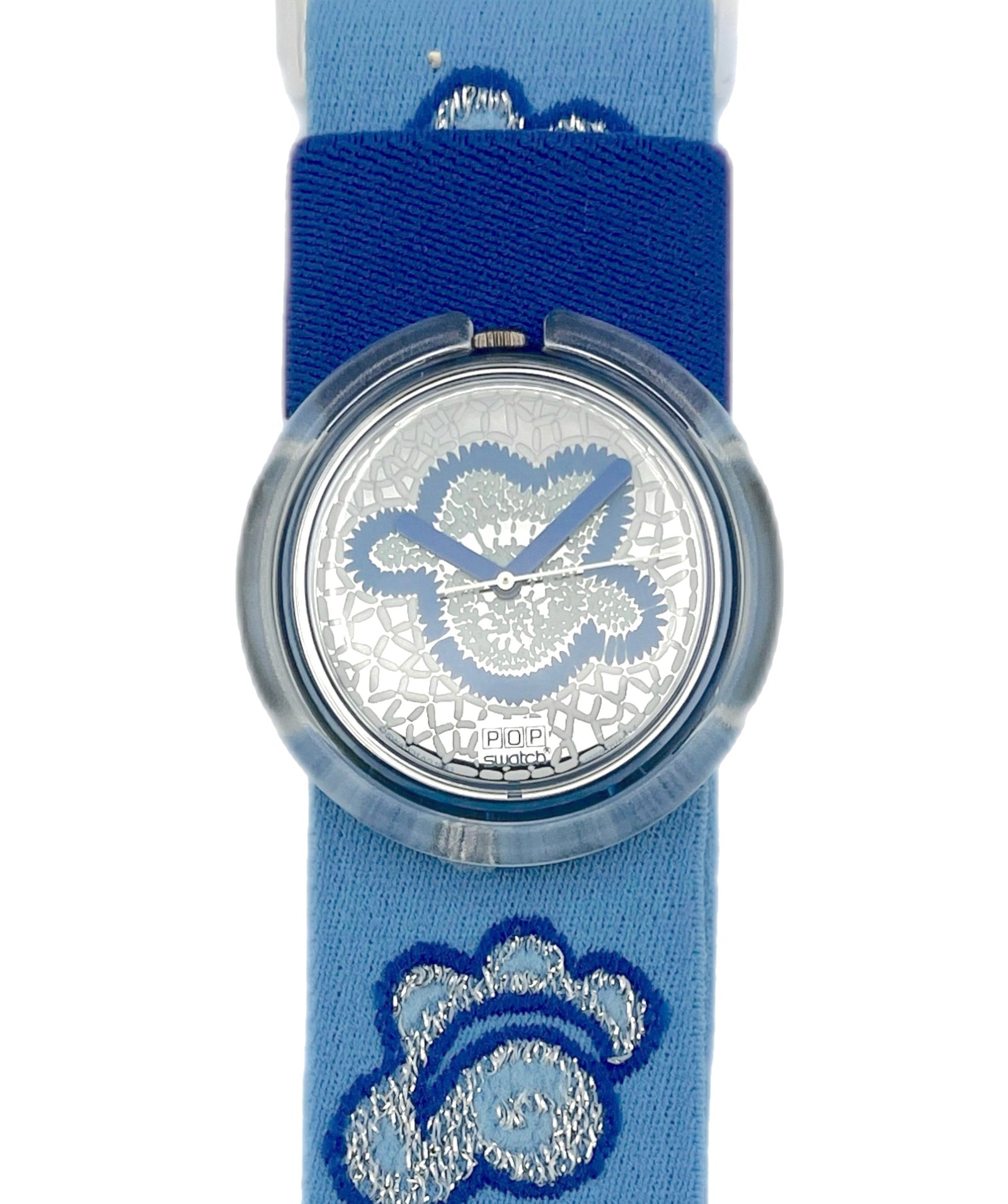 Watch with blue strap and silver design on a white background