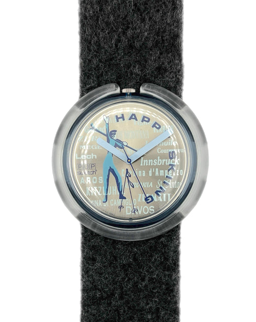Watch with a black strap and silver case on a white background