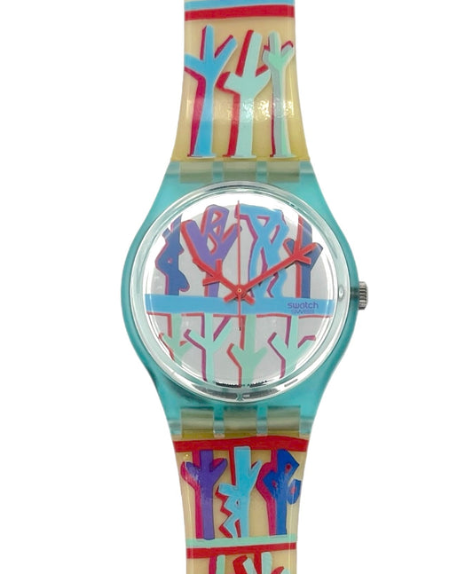 Colorful Swatch watch with abstract design on a white background