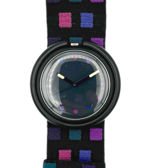 Watch with a black strap featuring colorful square patterns on a white background