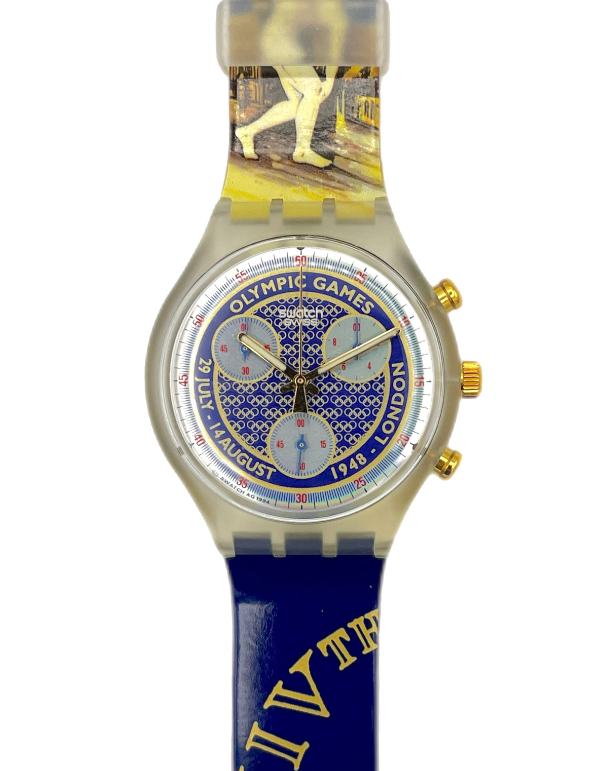 A Swatch watch featuring a blue silicone strap with gold Roman numerals and a graphic of a golfer, a blue dial with 'Olympic Games 1948 London' text, and a clear plastic buckle.
