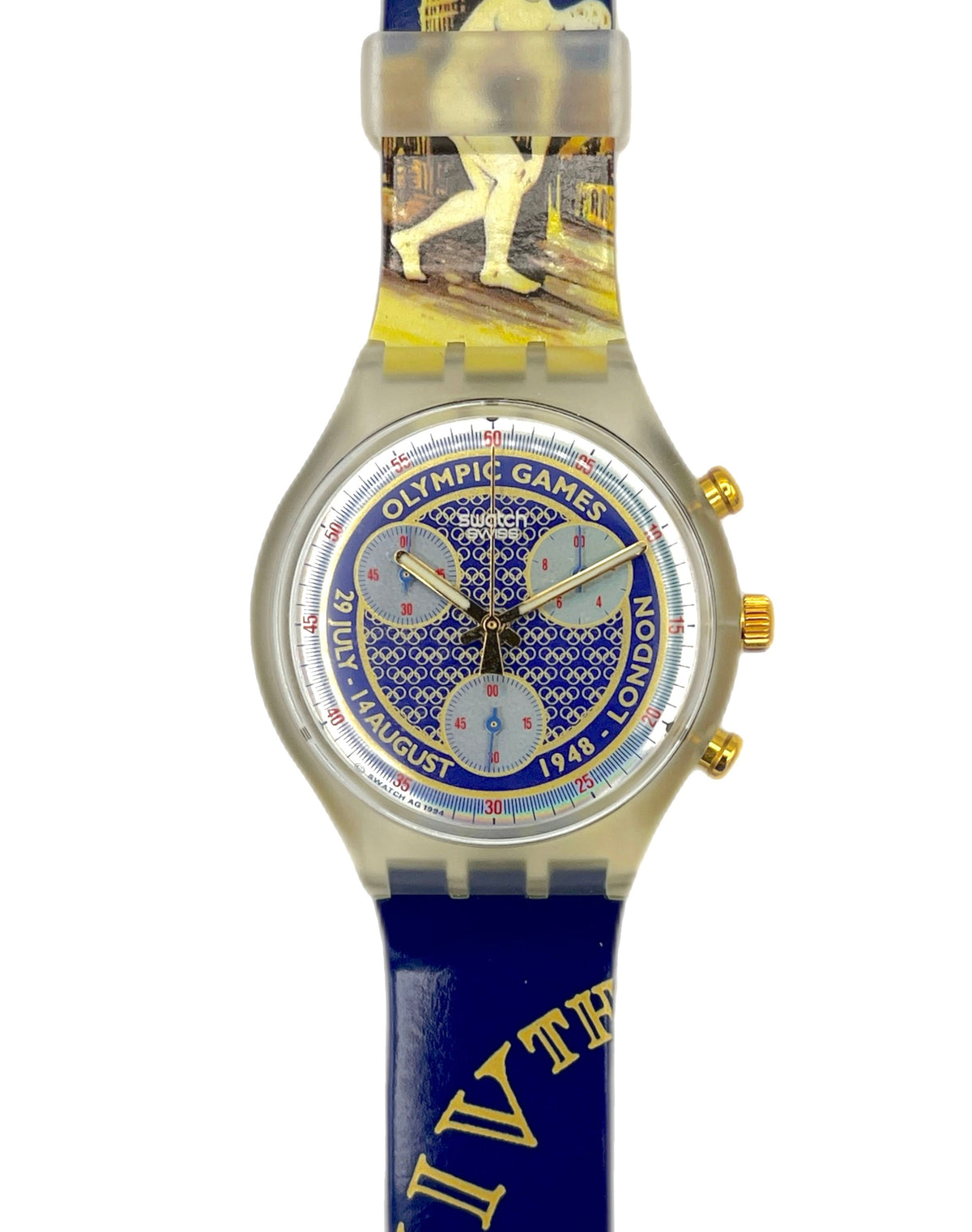 A Swatch watch featuring a blue silicone strap with gold Roman numerals and a graphic of a golfer, a blue dial with 'Olympic Games 1948 London' text, and a clear plastic buckle.