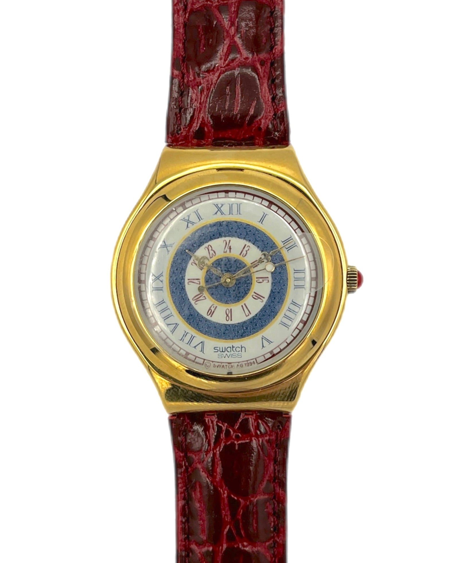 Gold watch with a red strap on a white background