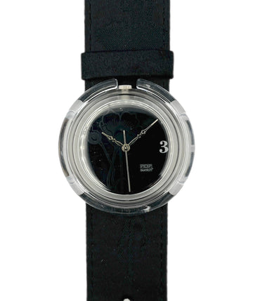 Black wristwatch with a clear case on a white background