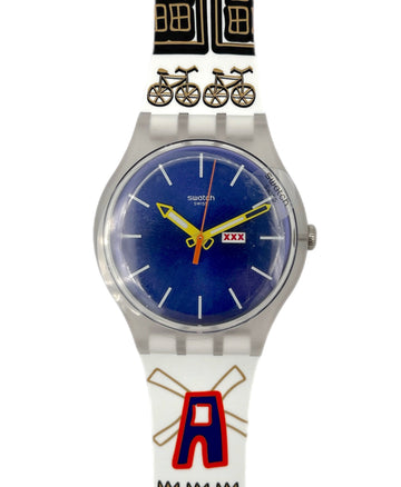 Swatch watch with colorful band featuring a bicycle design on a white background