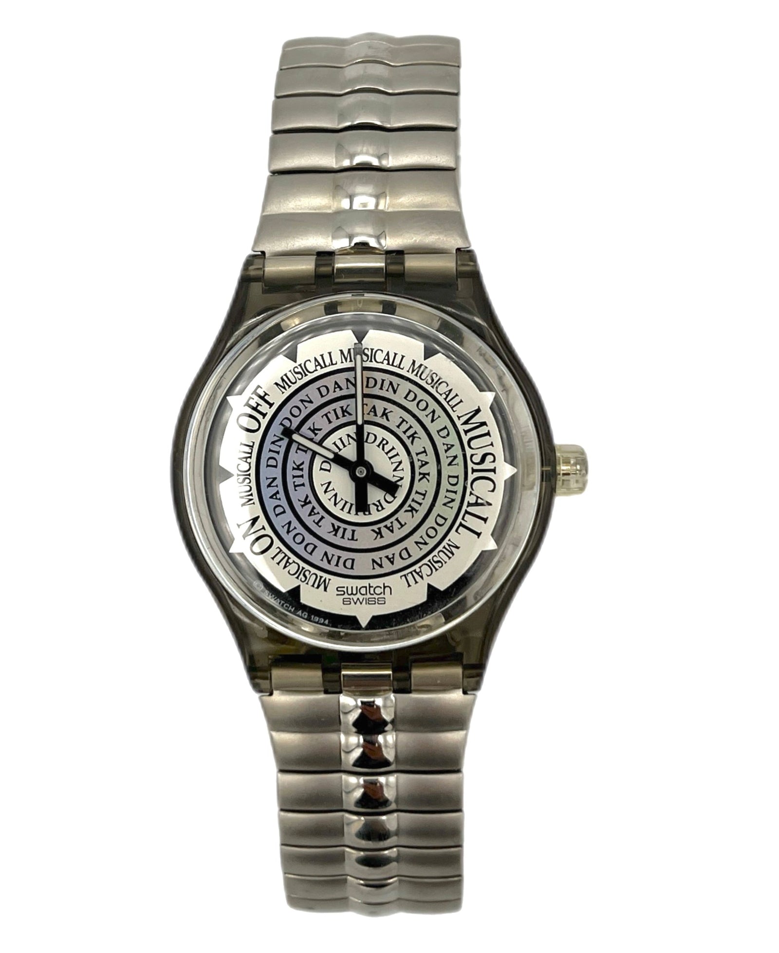 Silver wristwatch with a detailed face on a white background