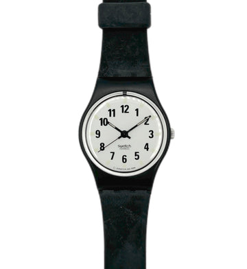 Black Swatch watch with a white face on a white background