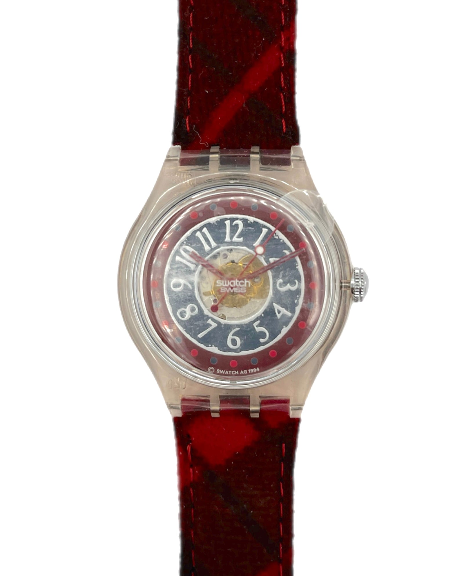 Swatch mechanical Watch with a red strap and blue face on a white background