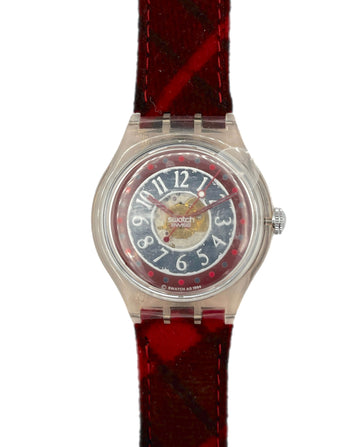 Swatch mechanical Watch with a red strap and blue face on a white background