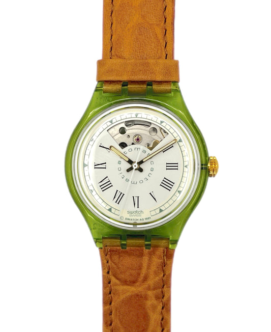 Swatch Automatic Watch with green case and brown leather strap on a white background
