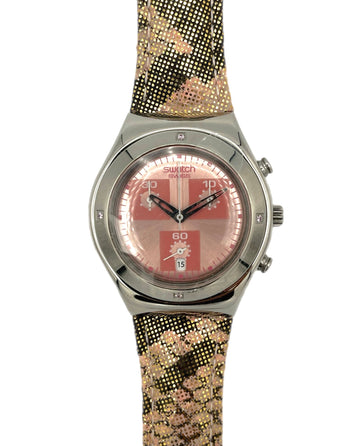 Watch with a patterned strap on a white background