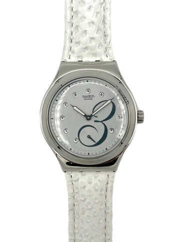 Swatch watch with a white strap and silver case on a white background