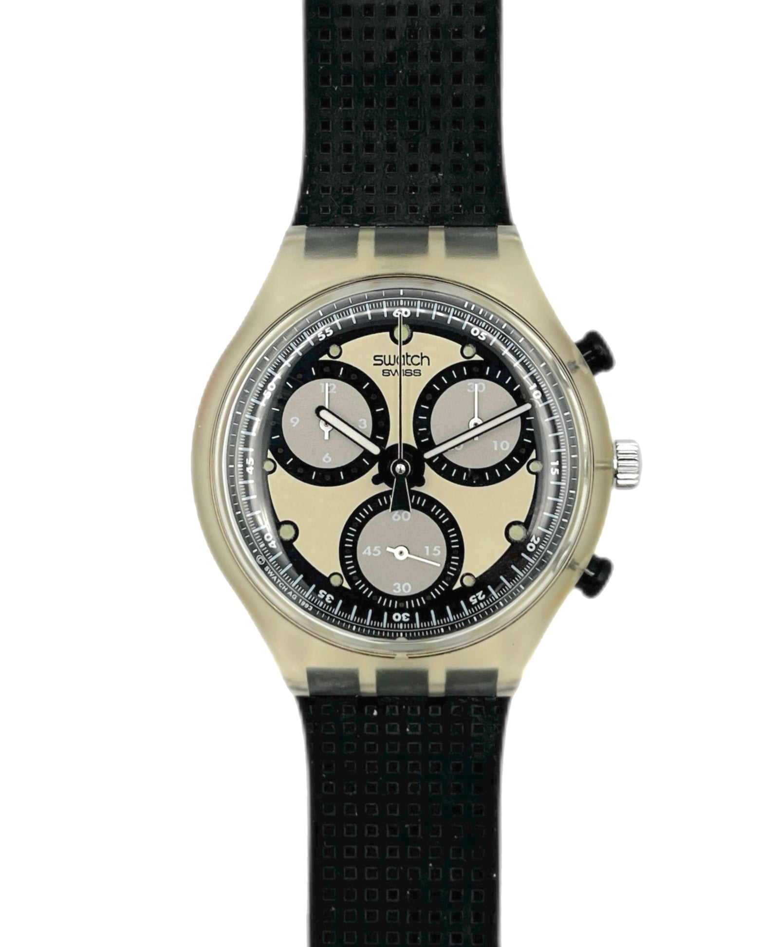 Swatch watch with black strap and detailed face on a white background