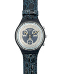 Swatch watch with a dark blue strap on a white background