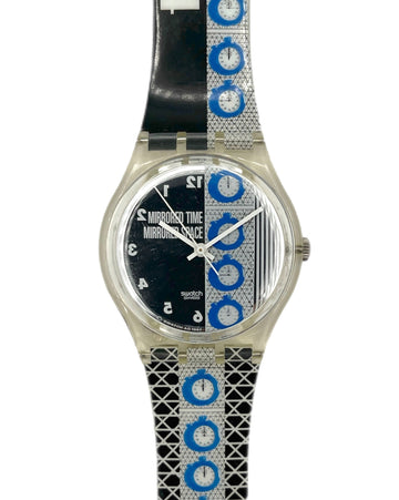 Wristwatch with a black and blue patterned strap on a white background