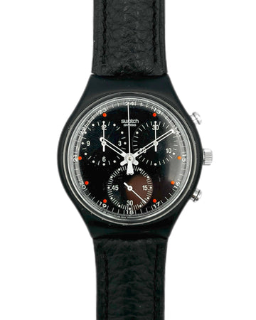 Black Swatch watch with detailed face on a white background