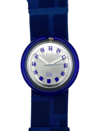 Watch with blue strap and silver face on a white background