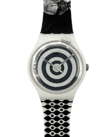Swatch watch with black and white patterned strap on a white background