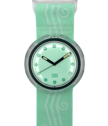 Swatch watch with a green strap and matching face on a white background