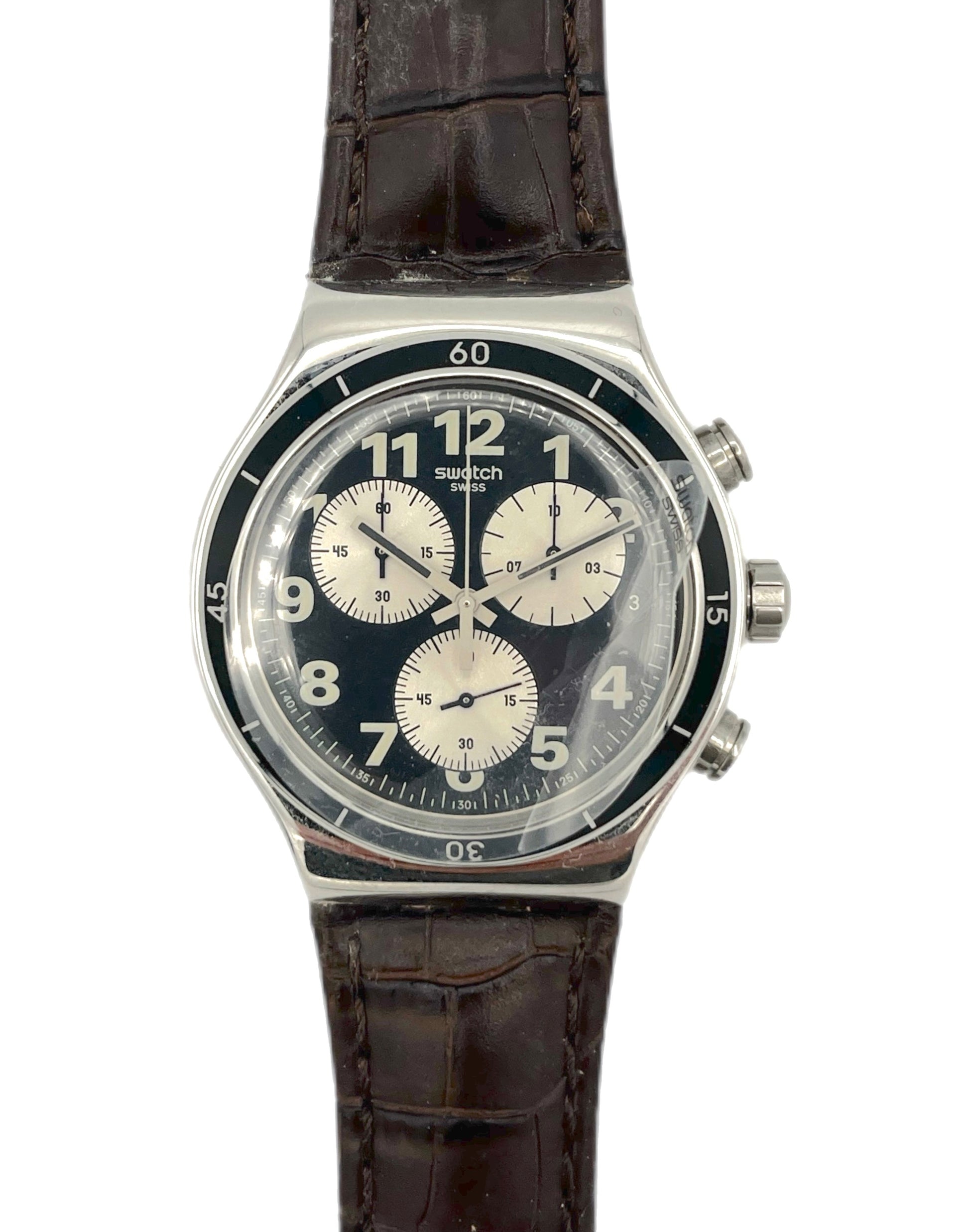 Vintage watch with a brown leather strap on a white background