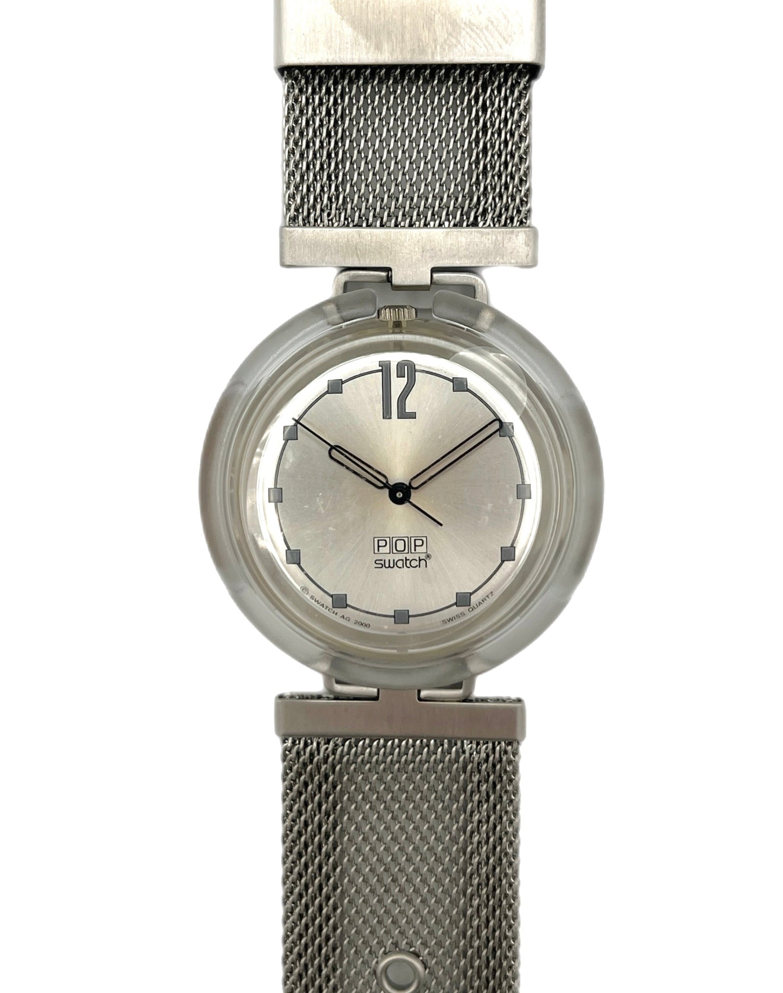 Silver watch with mesh band on a white background