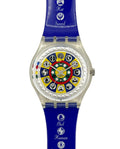 Watch with colorful face and blue strap on a white background