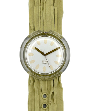 Vintage-style watch with a green strap on a white background