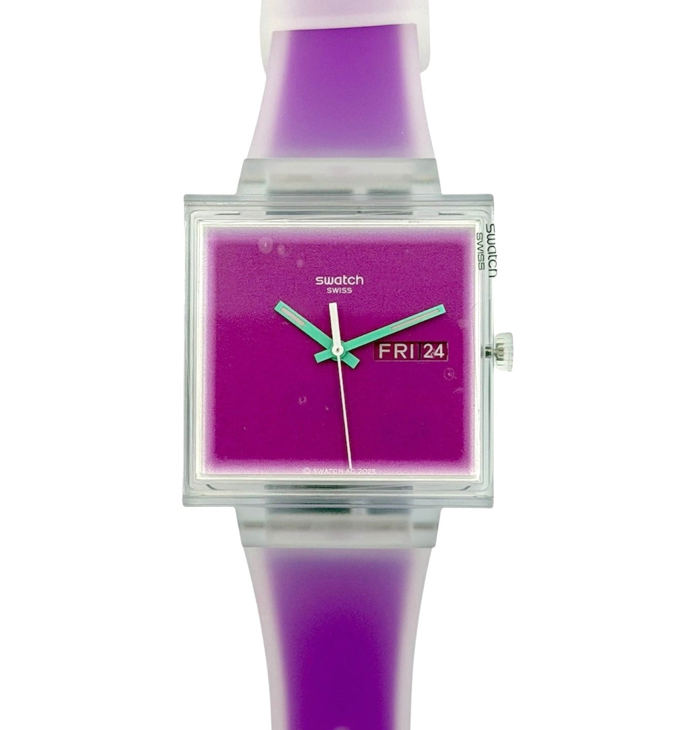 Swatch Swizzler watch with a translucent purple silicone strap, a square clear case, and a vibrant purple dial with mint green hands.