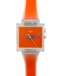 Swatch Swiss Swatch watch featuring a translucent orange silicone strap, a clear square case, and an orange textured dial with blue hands and a digital day indicator.