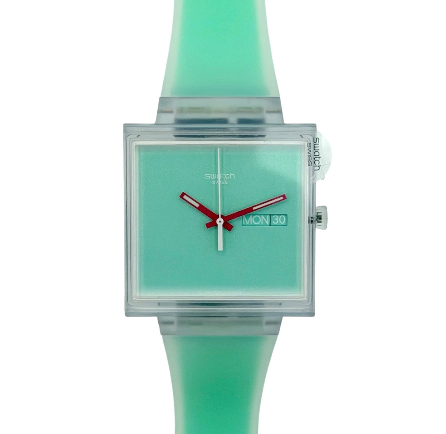 Swatch square analog watch with a mint green silicone strap, clear plastic case, and matching mint green dial with red hands.