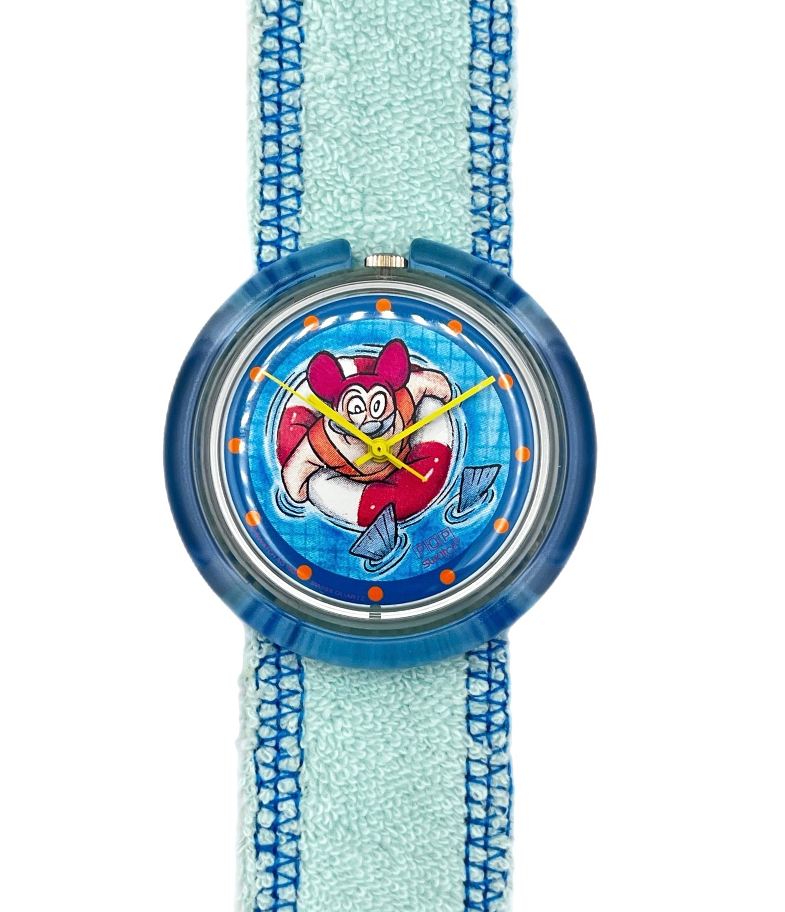 Children's watch with cartoon character on a blue strap against a white background