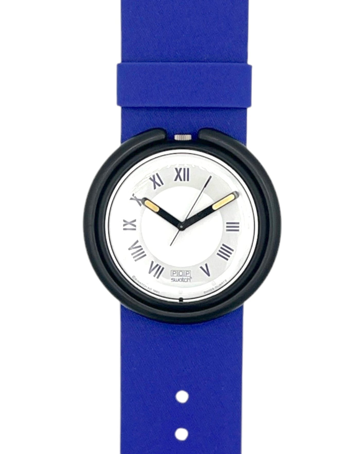 A wristwatch with a vibrant blue silicone strap, a black round bezel, and a white dial featuring black Roman numerals and gold-tone hands.