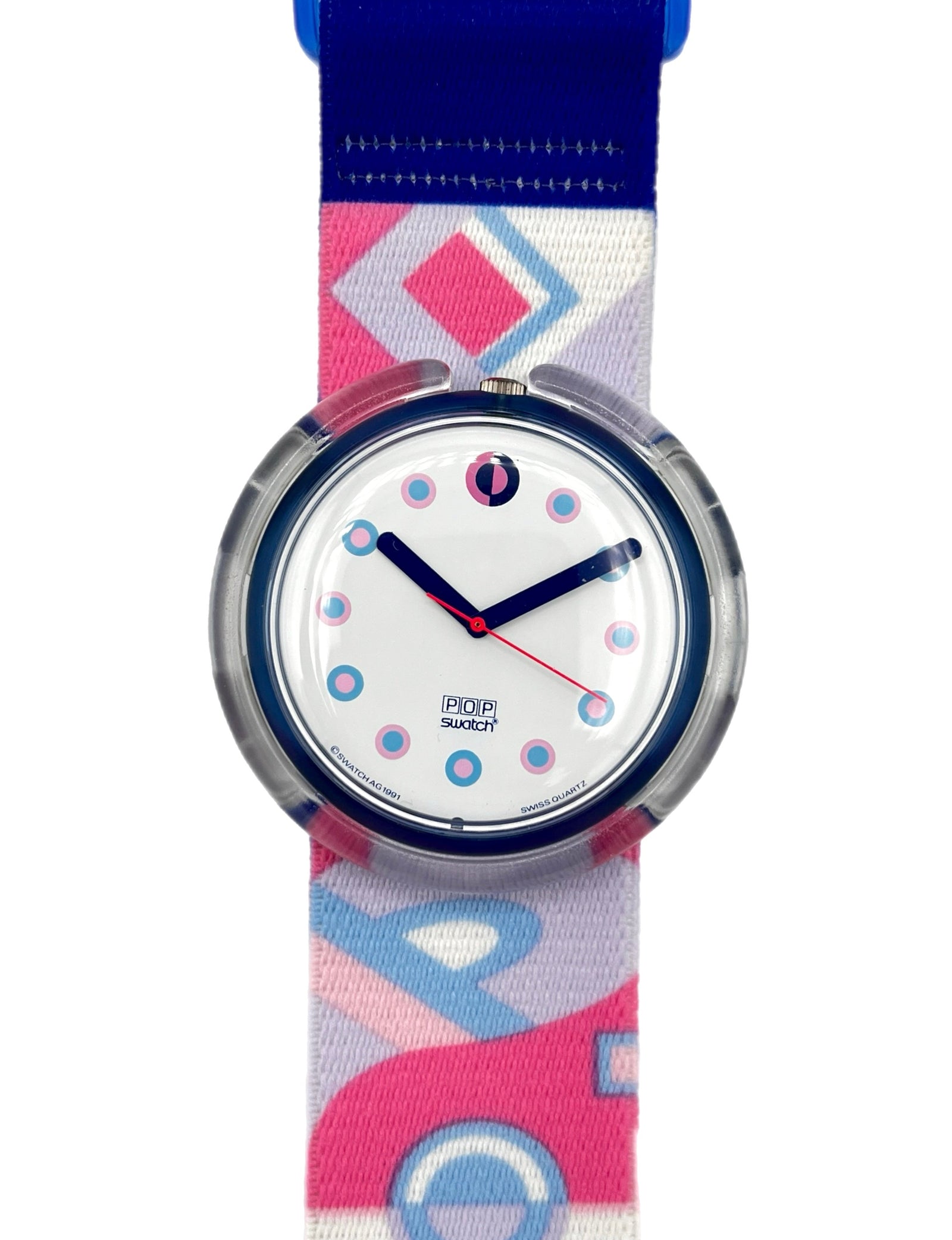 Colorful Swatch Pop watch with a patterned strap on a white background